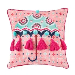 Chumbak Folk Umbrella Pink & Blue Polycotton Tasseled Cushion Cover - Set of 1-54