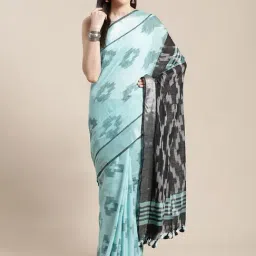 Kalakari India Mint Blue & Black Linen Printed Saree With Unstitched Blouse-picture-35