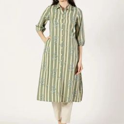 Saffron Threads Green Cotton Stripes Straight Kurta-image-84