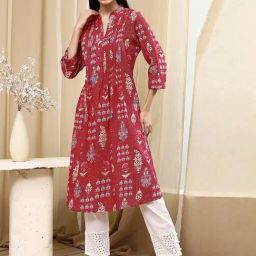 Biba Pink Cotton Straight Fit Floral Print Kurta-29