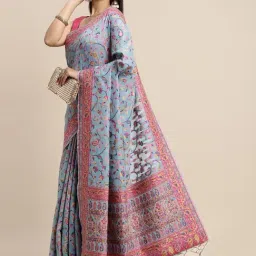 AYKA CLOTHINGS Sky Blue Cotton Woven Saree With Unstitched Blouse-image-11