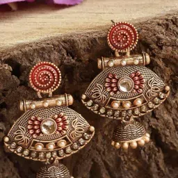 Karatcart Gold Plated Maroon Meena Pearl Kundan Drop Jhumki Earrings for Women-image-52