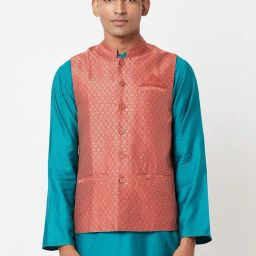 Fabindia Peach Comfort Fit Printed Nehru Jacket-image-34