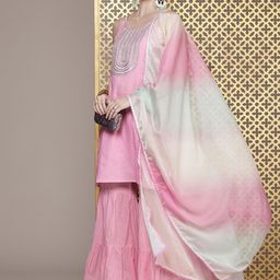 House of Pataudi Women Floral Yoke Design Pure Cotton Jashn Kurta with Sharara & Dupatta-picture-22