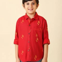 Fabindia Kids Red Cotton Printed Full Sleeves Shirt-picture-17