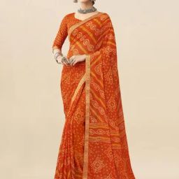 Satrani Orange Bandhani Print Saree With Unstitched Blouse-image-13