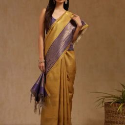 Soch Mustard Tussar Woven Design Saree With Stitched Blouse-image-8
