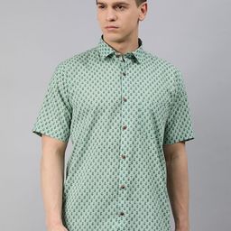 MILLENNIAL MEN Sea Green Comfort Regular Fit Ethnic Motifs Print Pure Cotton Casual Shirt-image-85