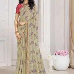 Satrani Beige Printed Saree With Unstitched Blouse-image-31