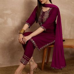 all about you Women Yoke Design Regular Mirror Work Kurta with Trousers & With Dupatta image 2