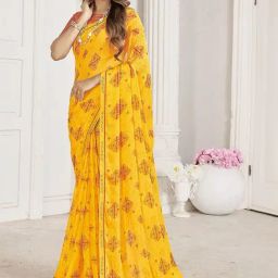 Satrani Yellow Printed Saree With Unstitched Blouse-image-41