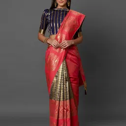 Mitera Pink & Navy Blue Silk Blend Woven Design Kanjeevaram Saree-image-86