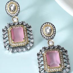 Karatcart Black Silver-Plated Pink Cubic Zirconia Studded Drop Earrings for Women-8
