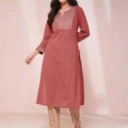 Fabindia Red Embroidered Straight Kurta-image-58