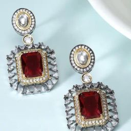 Karatcart Black Silver-Plated Red Cubic Zirconia Studded Drop Earrings for Women-0