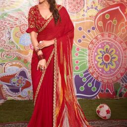 Satrani Red Printed Saree With Unstitched Blouse-image-32