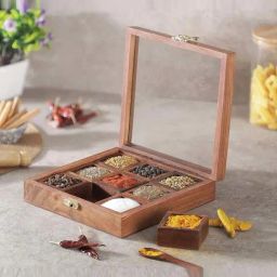 Urban Chef Brown Sheesham Wood 9 Compartments Spice Box With Wooden Spoon-picture-47