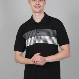 Cantabil Black Regular Fit Striped Polo T-Shirt-image-90