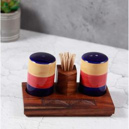 Unravel India Multicolor Sheesham Wooden 3Pc Salt & Pepper Shaker & Tray Set (0.025 L) image 1