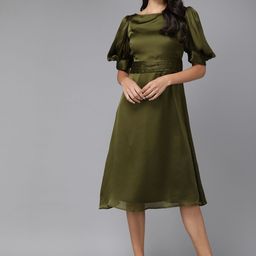 MISH Olive Green Boat Neck A-Line Dress-image-16