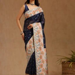 Soch Navy Blue Chanderi Printed Saree With Stitched Blouse-image-30