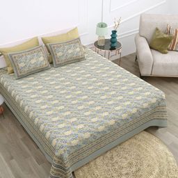Texstylers Grey & Multicoloured Floral 210 TC Queen Bedsheet with 2 Pillow Covers-2