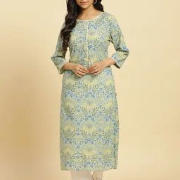 W Green Cotton Floral Print Straight Kurta-image-32