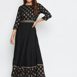 Castle Women Black & Gold-Toned Ethnic Motifs Printed Anarkali Kurta-picture-8