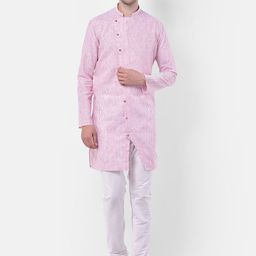 TABARD Men Pink Striped Cotton Linen Kurta-image-84