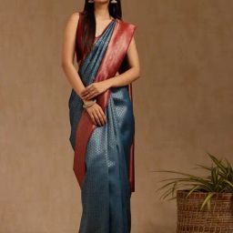 Soch Blue Silk Blend Zari Saree With Stitched Blouse-image-73