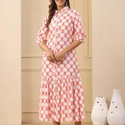 Jaipur Kurti Orange & White Cotton Printed Tiered A Line Dress-image-39