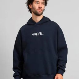 GRIFFEL Navy Loose Fit Graphic Print Oversized Hooded Sweatshirt-image-27