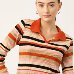 DressBerry Acrylic Shirt Collar Striped Pullover-image-90