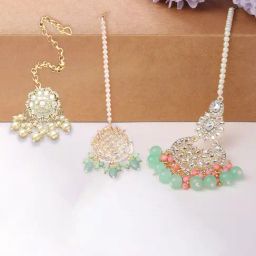 Zaveri Pearls Set of 3 Green & Peach Beads Traditional Kundan Maangtikka-ZPFK14535-image-99