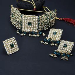 Zaveri Pearls Green s & Pearls Beaded Kundan Choker Necklace Earring & Ring Set-ZPFK11246-image-22