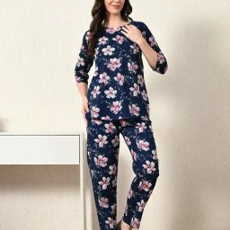 Ichaa Navy Cotton Floral 3/4th sleeves Night Suits-picture-40
