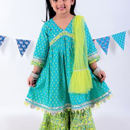 LIL DRAMA Girls Floral Printed Regular Pure Cotton Kurta with Sharara & With Dupatta-image-45