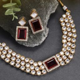 Peora Gold-Plated Maroon Kundan Choker Necklace & Earrings Traditional Jewellery Set-picture-36