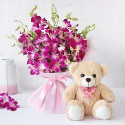 Bunch of 10 Purple Orchids with 12 Inches Teddy-image-28