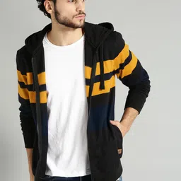 The Roadster Lifestyle Co Men Black & Mustard Yellow Striped Hooded Sweatshirt-image-87