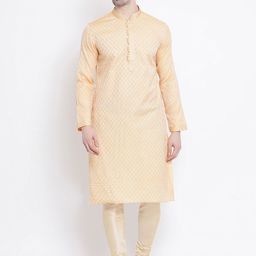 Sanwara Men Peach-Coloured Woven Design Jacquard Straight Kurta-7