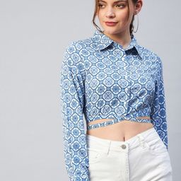RARE Blue Geometric Print Crepe Shirt Style Crop Top-47