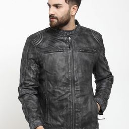 Teakwood Leathers Men Charcoal Grey Solid Leather Biker Jacket-25