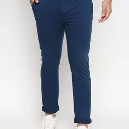 Basics Men Navy Blue Tapered Fit Solid Chinos-image-79