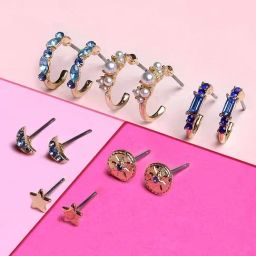 Accessorize London Celestial Pearl & Moon Blue Stud and Hoop Earrings - Set of 6-12