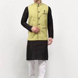 Jompers Men Black & White Dupion Silk Kurta with Churidar and Nehru Jacket-picture-3