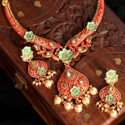 ANIKAS CREATION Red Gold-Plated Kundan-Studded & Beaded Enamelled Jewellery Set-image-106