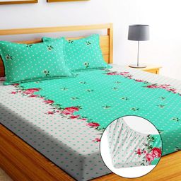 EXFAB Green & White Printed Cotton 240 TC Fitted King Bedsheet Set 1.82 m x 1.98 m-image-12