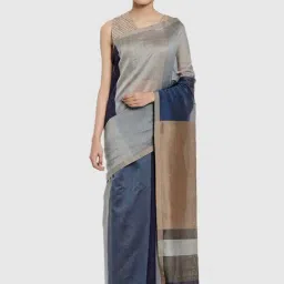 Fabindia Blue & Grey Cotton Silk Geometric Print Saree Without Blouse-picture-27