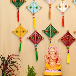 eCraftIndia Red & Yellow 10 Pieces Woollen Kite Hanging Festive Decor-picture-15